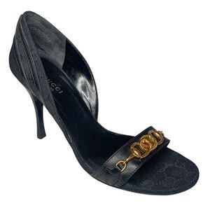 Gucci Black Monogram D’Orsay Heels Size 37C Gold Horsebit Chain Detail Authentic